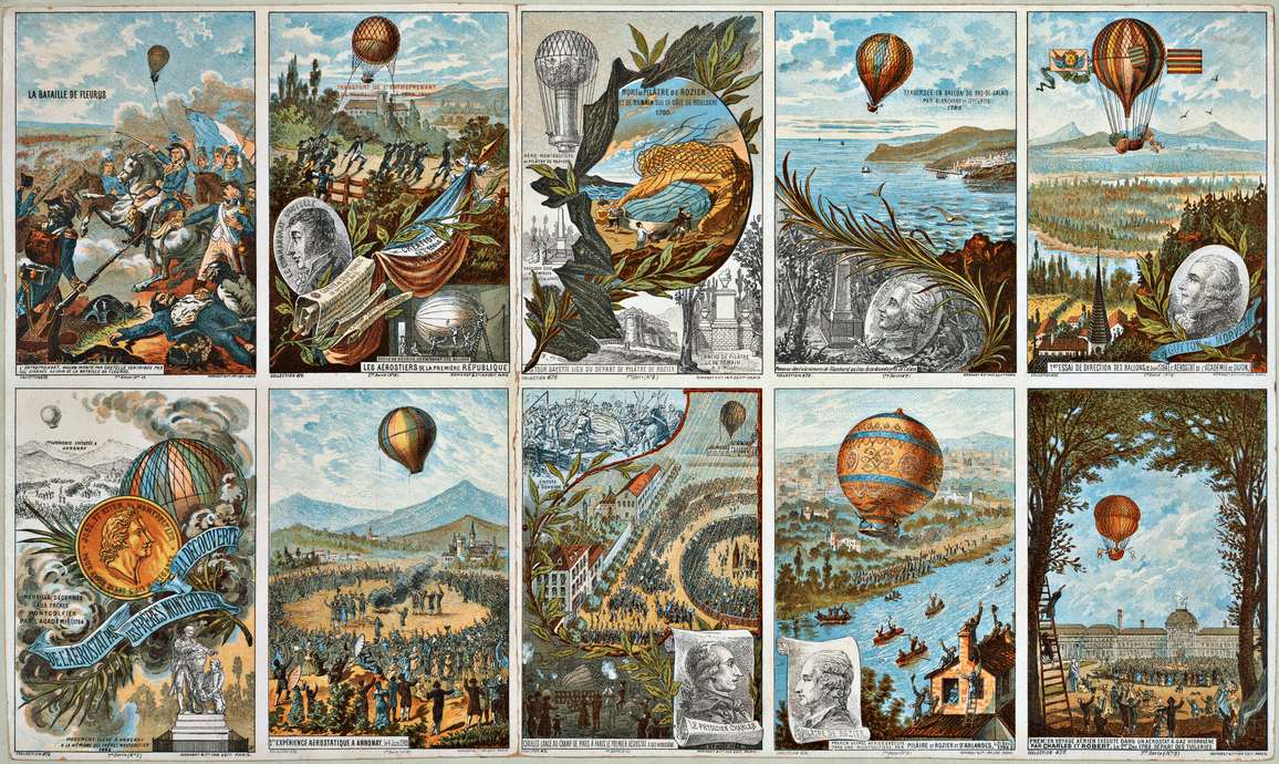 Série de chromolithographies racontant les premières ascensions en ballon de 1783