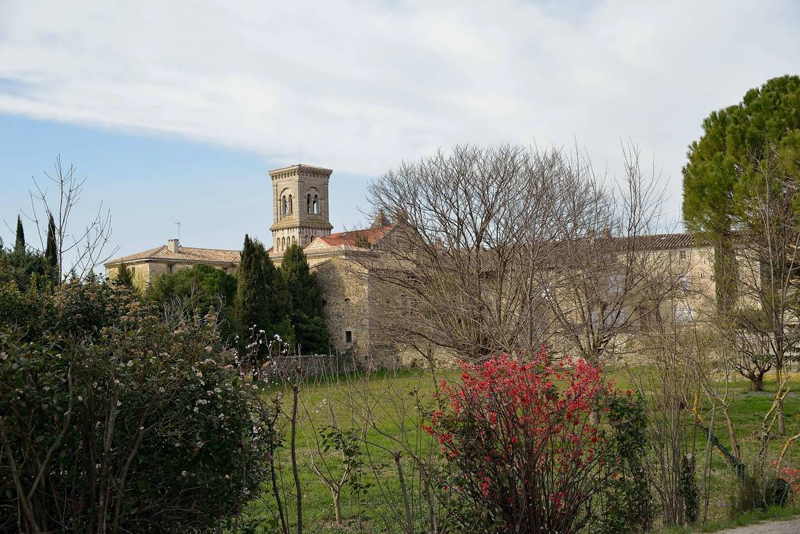 Les bâtiments de l'abbaye de Bonlieu et le clocher de la basilique, derrière des arbres en fleurs et un pré