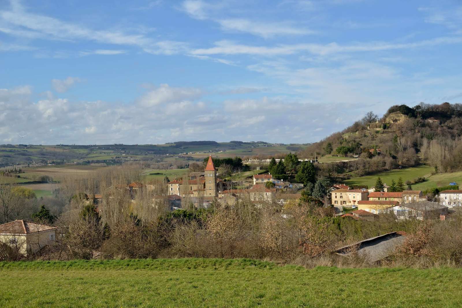 Vue d'ensemble du village de Claveyson, maisons groupées autour d'un clocher pointu, au pied d'une colline boisée