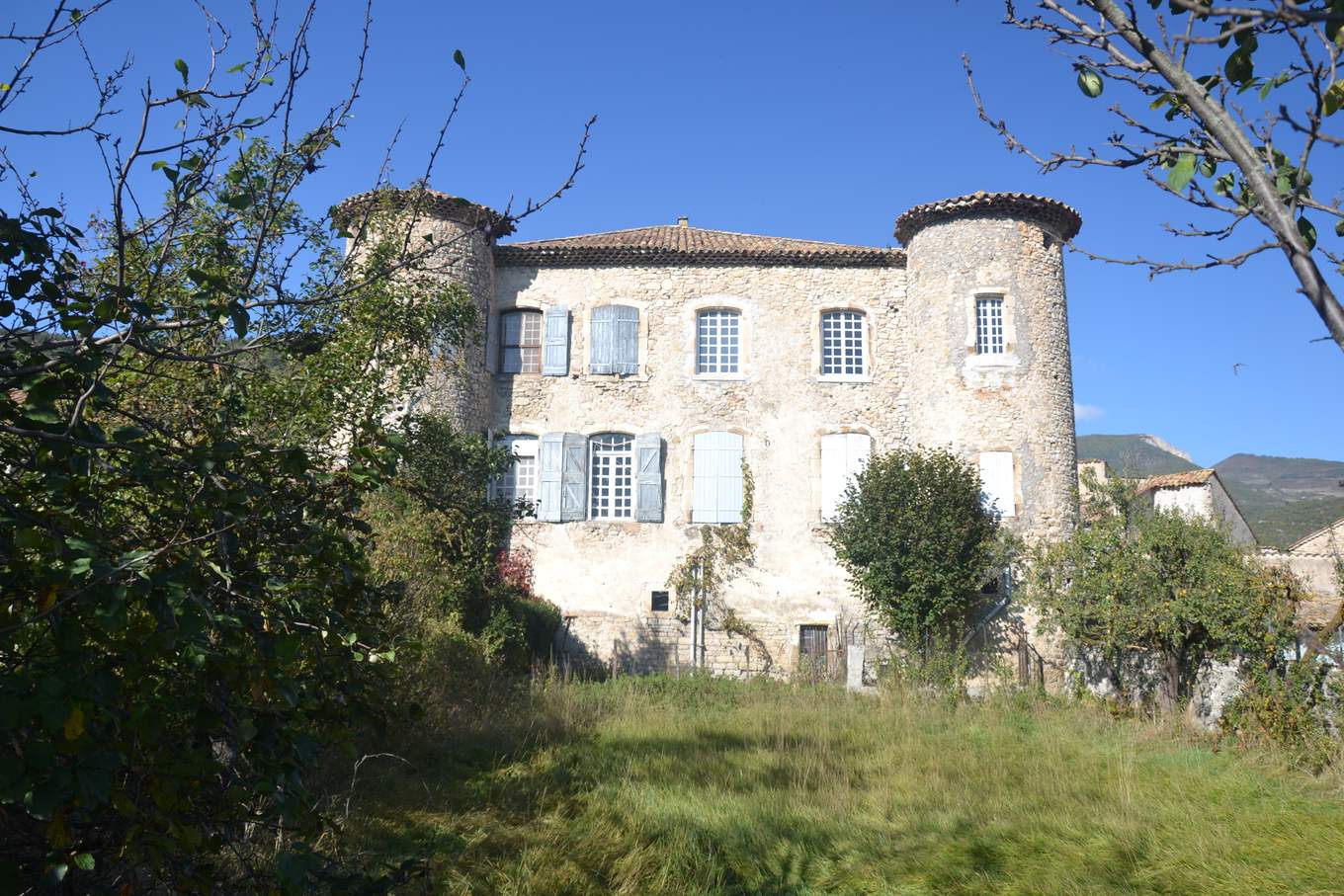 Le château de Lachau, façade crépie à volets bleus encadrée de deux tours rondes, derrière des arbres et des herbes hautes