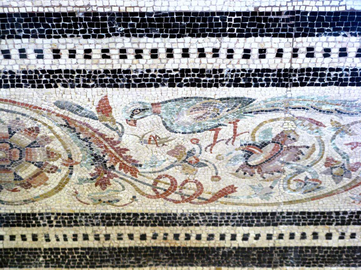 Détail de la mosaïque de Quintus Amiteius trouvée à Luc-en-Diois, oiseaux et fleurs