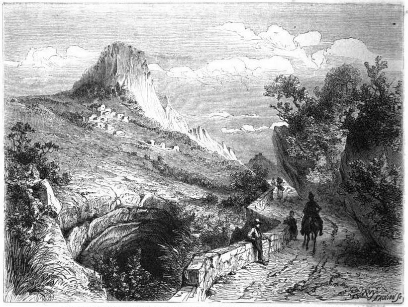 Gravure du 19e siècle montrant le rocher du Vellan, le village et un chemin muletier