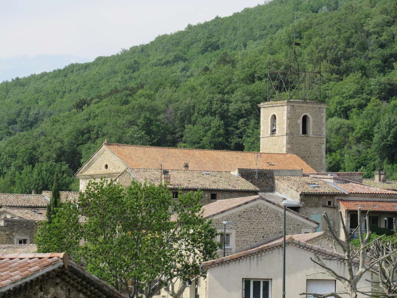 Les toits de Roynac et l'église de 1833 avec son clocher carré à campanile en fer, devant une colline boisée