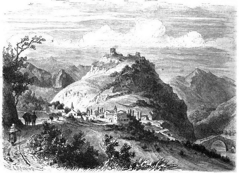 Gravure du XIXe siècle montrant Sainte-Croix et les ruines des tours au sommet de l'éperon rocheux