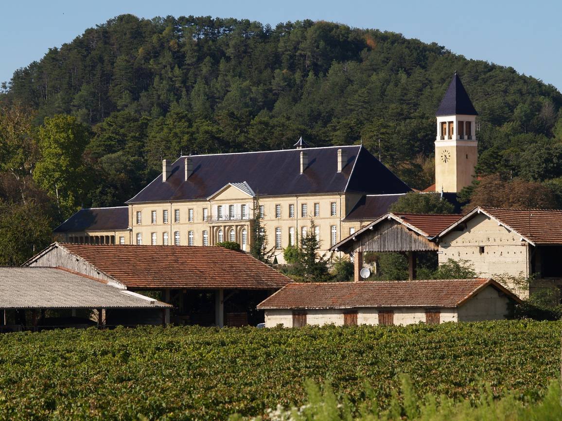 L'abbaye de Triors, longue façade claire de l'ancien château à toit sombre et clocher carré de l'abbatiale, au pied d'une colline boisée, derrière une vigne et des hangars